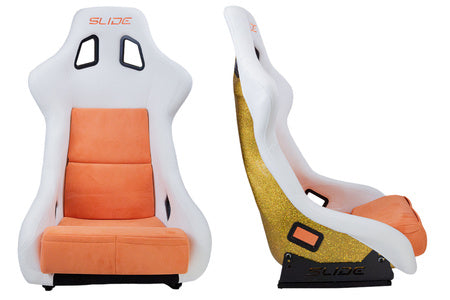 SLIDE - RACING SEAT KS2 Premium White Orange Welur & Orange Glitter